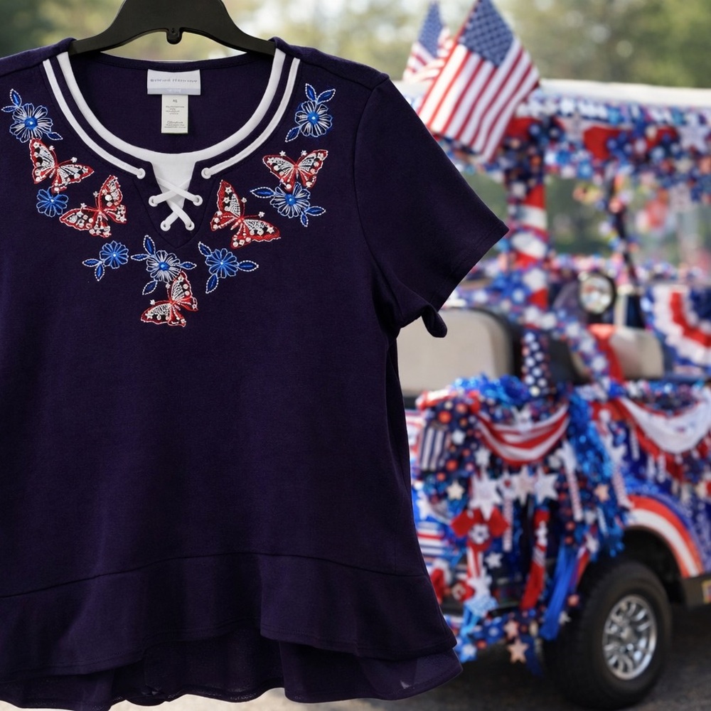 🇺🇸 Alfred Dunner Petite Patriotic Butterfly Rhinestone Top PM Navy